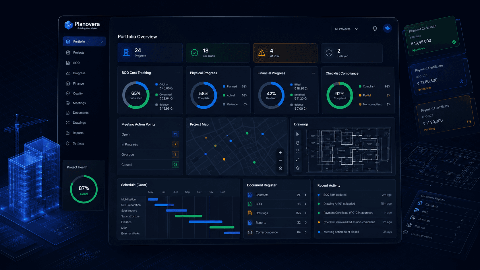 Planovera project controls dashboard preview